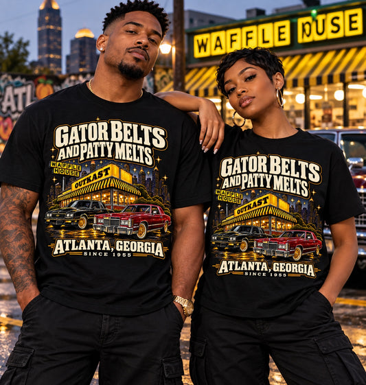 Black Gator Belts and Patty Melts Atlanta graphic T-shirt on two models