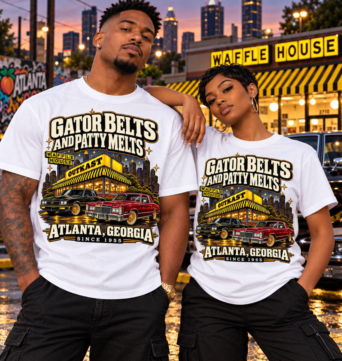 White Gator Belts and Patty Melts Atlanta graphic T-shirt on two models