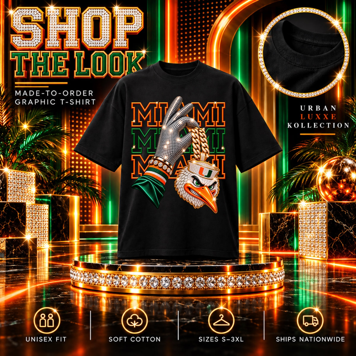 Black Miami graphic T-shirt with orange and green lettering, silver glove and iced-out ibis charm