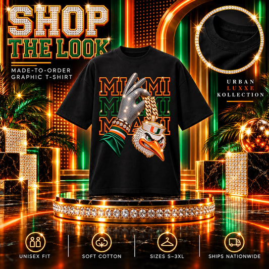 Black Miami graphic T-shirt with orange and green lettering, silver glove and iced-out ibis charm