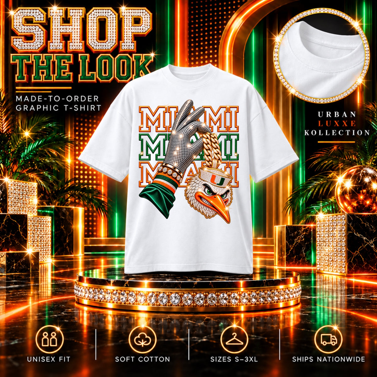 White Miami graphic T-shirt with orange and green lettering, silver glove and iced-out ibis charm