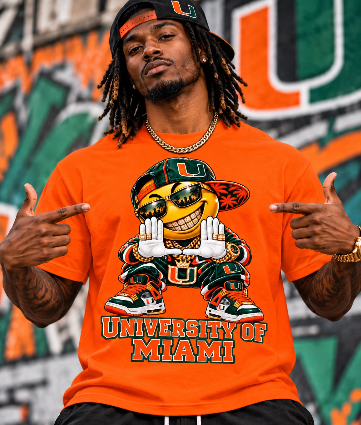 Male model wearing an orange University of Miami Smiley graphic T-shirt