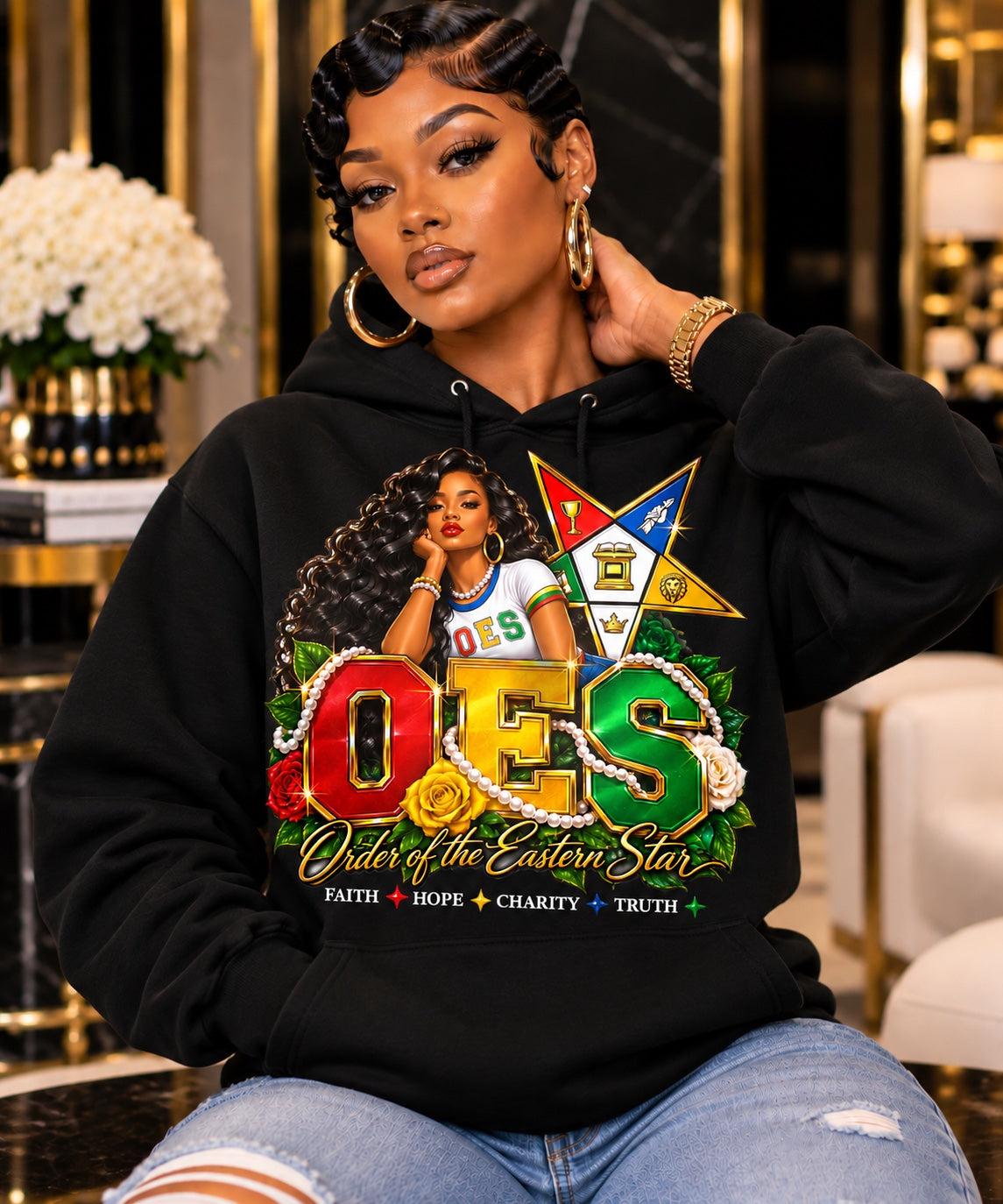 OES Faith Hope Charity Truth graphic hoodie in black, modeled