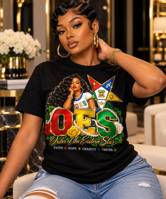OES Faith Hope Charity Truth graphic T-shirt in black, modeled