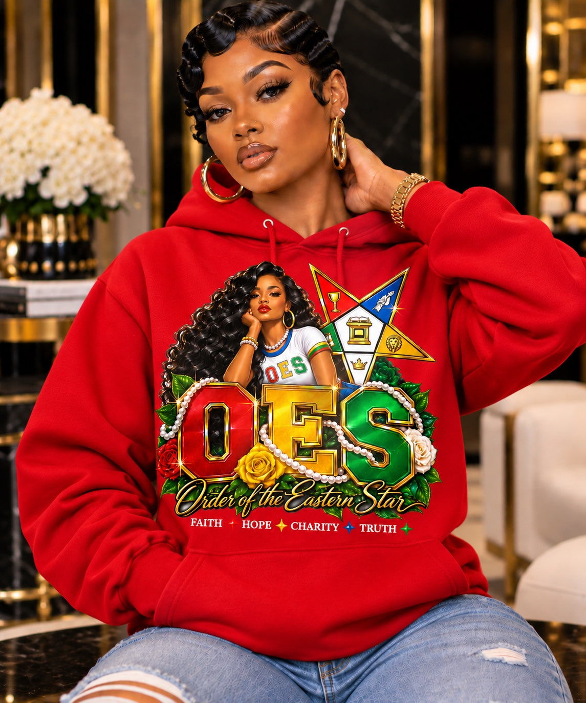 OES Faith Hope Charity Truth graphic hoodie in red, modeled