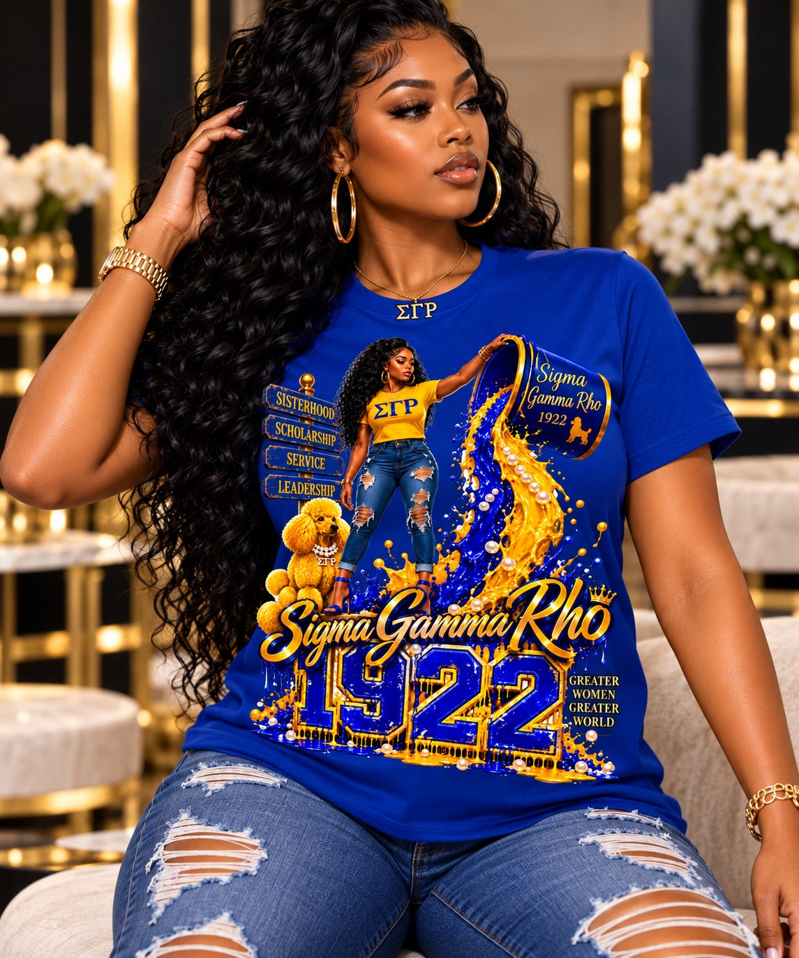 Sigma Gamma Rho 1922 graphic T-shirt in royal blue, modeled