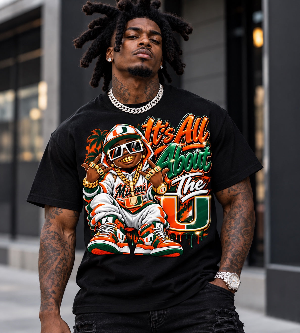 Black University of Miami It's All About the U graphic T-shirt with cartoon streetwear character