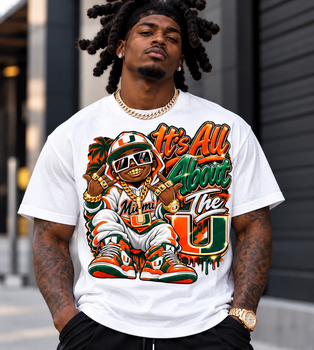 White University of Miami It's All About the U graphic T-shirt with cartoon streetwear character