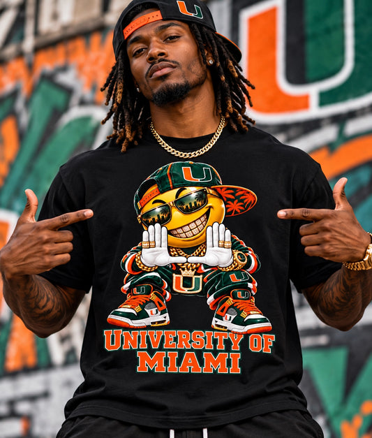 Black University of Miami Smiley U Hands graphic T-shirt with sunglasses, gold grill and orange-green streetwear