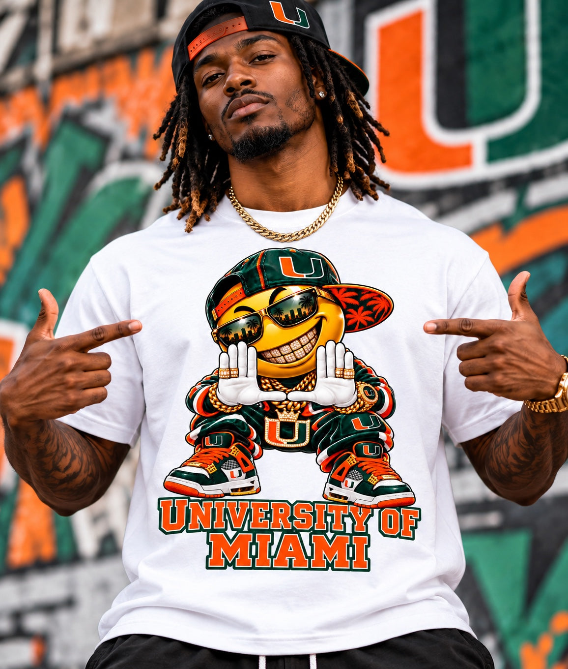 White University of Miami Smiley U Hands graphic T-shirt with sunglasses, gold grill and orange-green streetwear