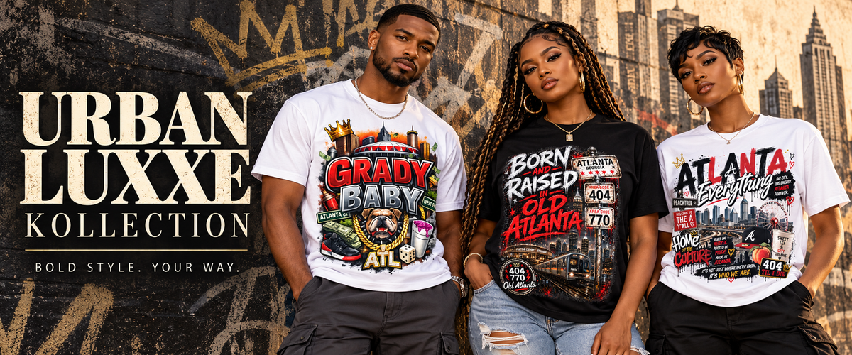Three models wearing Urban Luxxe Kollection Atlanta graphic T-shirts against an urban backdrop.