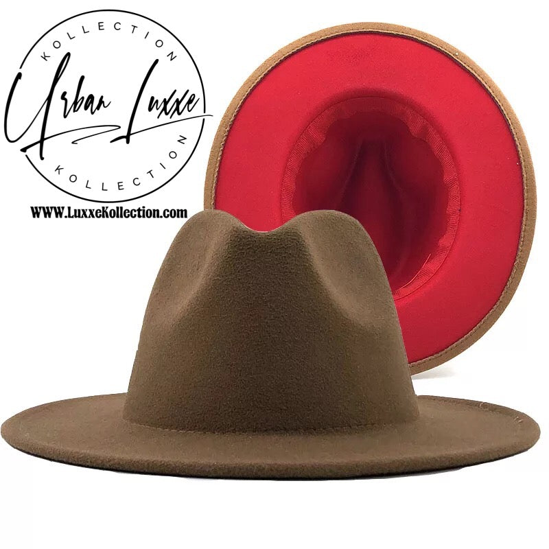 Khaki & Red Two Tone Fedora Hat