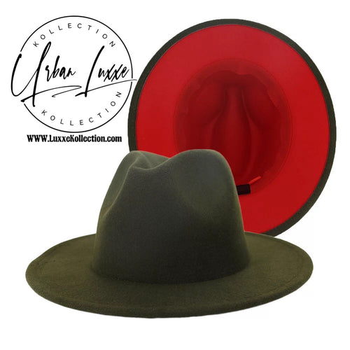 Army Green & Red Two-Tone Fedora Hat