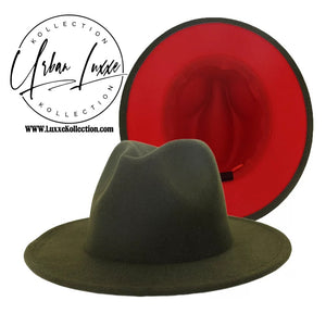 Army Green & Red Two-Tone Fedora Hat