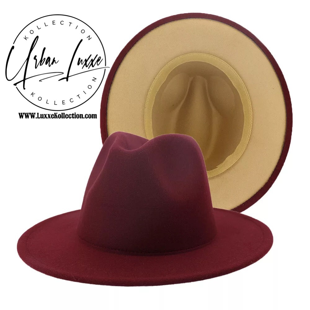 Red Wine & Camel Two-Tone Fedora Hat